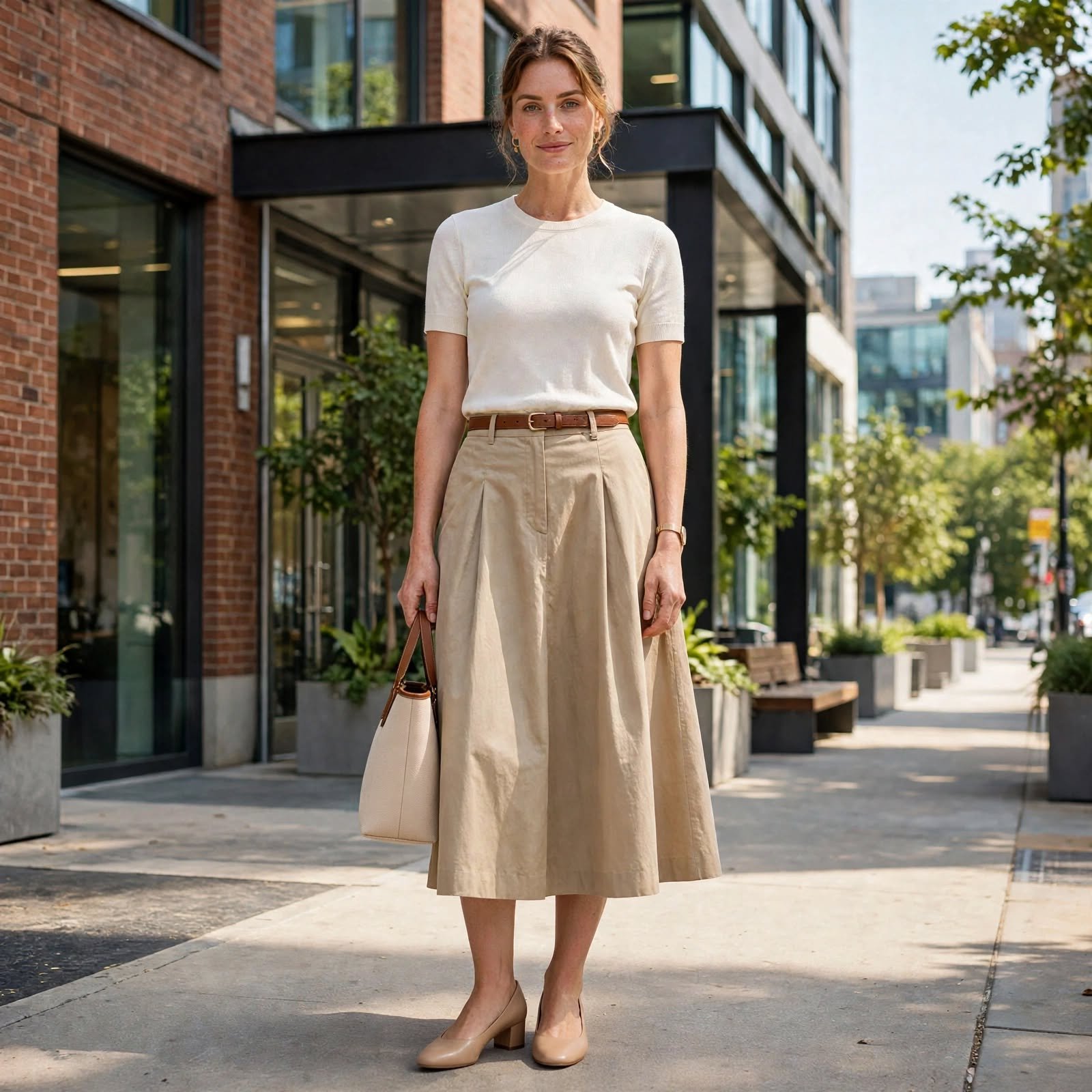 A Cotton A-Line Skirt and Fitted Knit Tee for Casual Work Outfits in Humid Weather