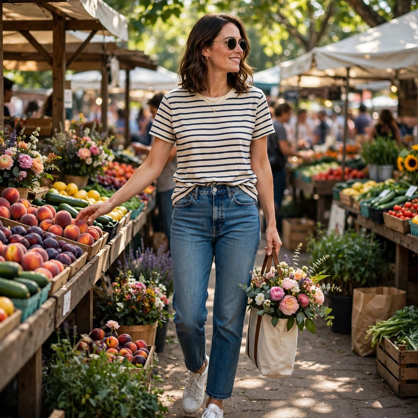 A Farmers Market Casual Day Outfit With a Striped Tee and Straight Jeans