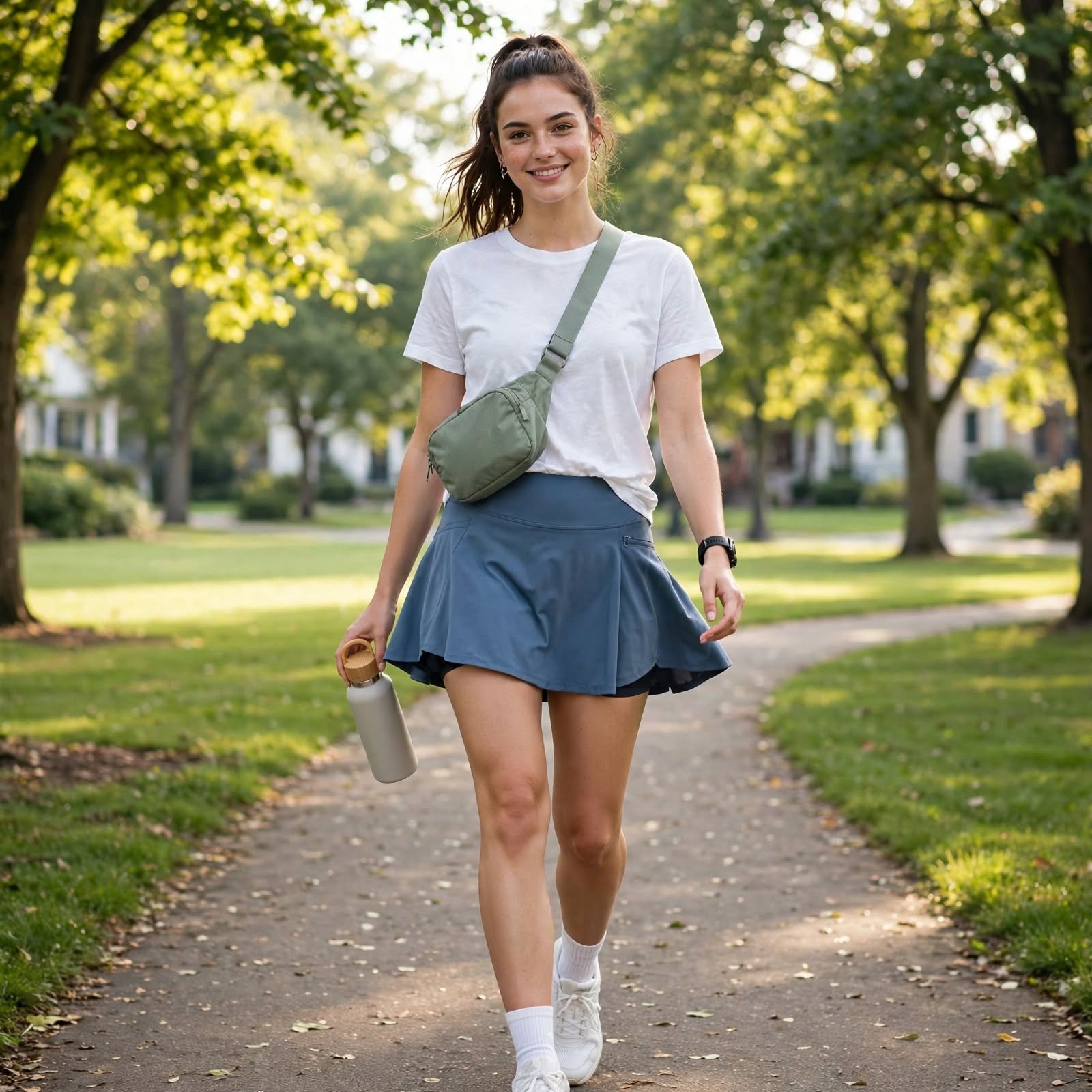 A Skort and Cotton Tee Create Easy Casual Day Outfits for Walks and Parks