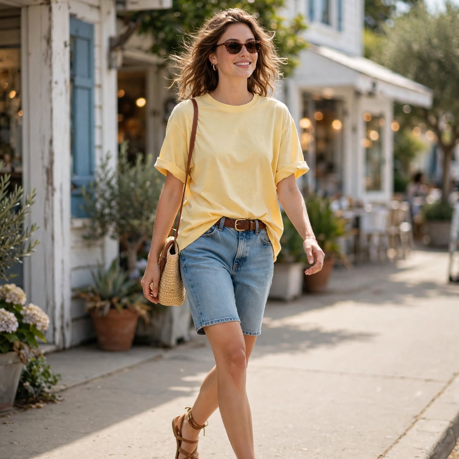 Bermuda Denim Shorts and a Loose Tee, a Summer Casual Outfit for Women