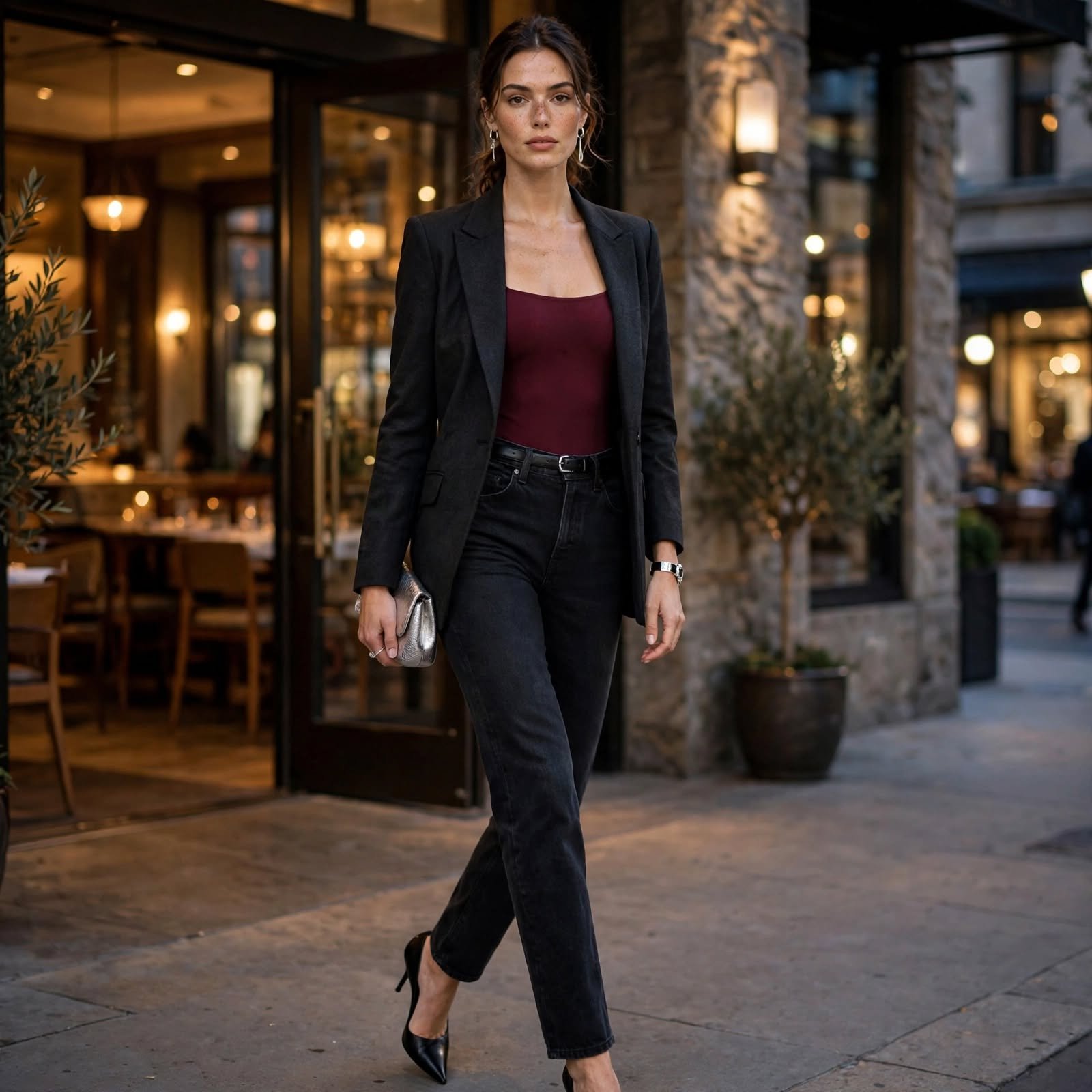 Black Jeans, Bodysuit, and Blazer for Dinner-Ready Casual Outfits for Women