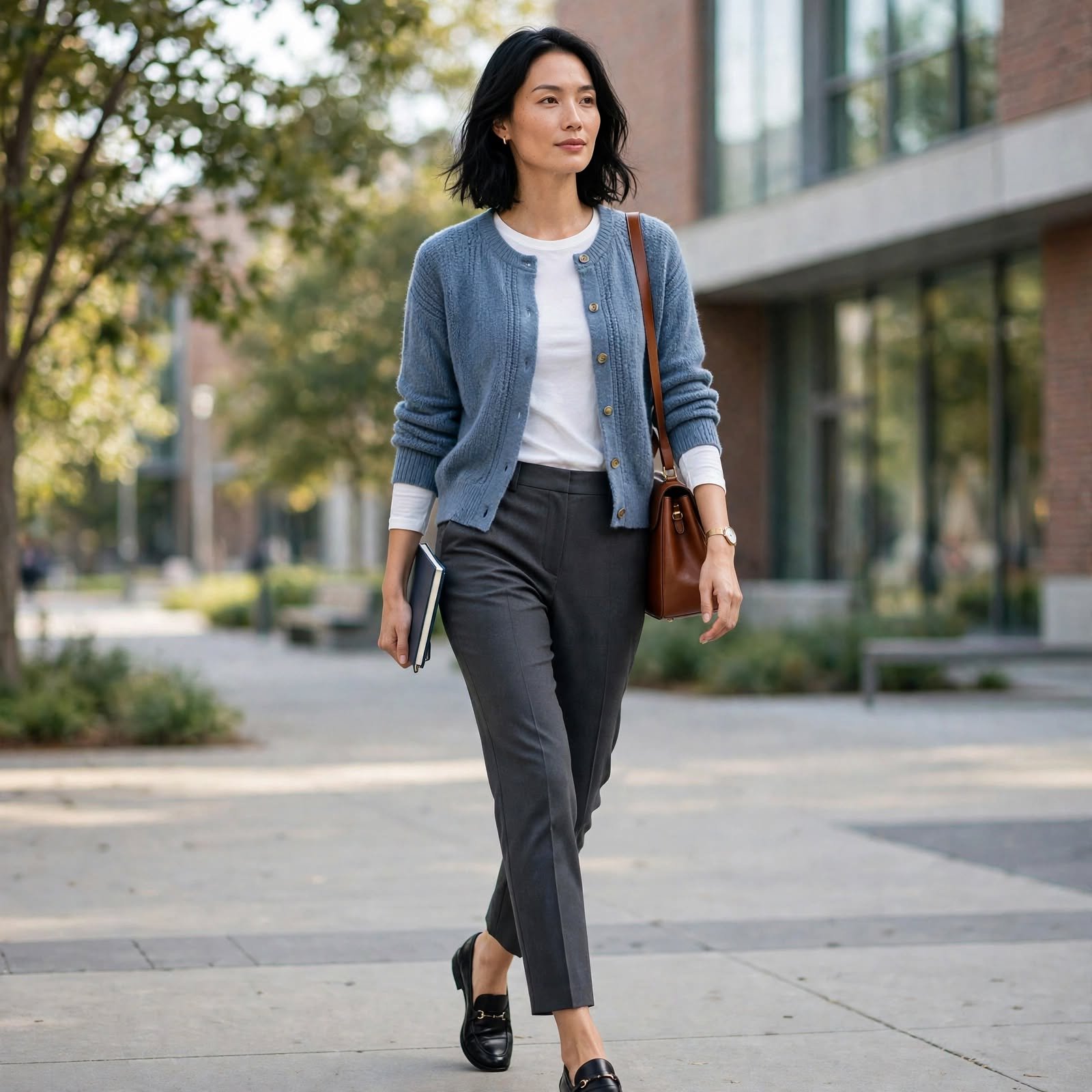 Cardigan, Long-Sleeve Tee, and Loafers for Simple Casual Outfits at Work or Class