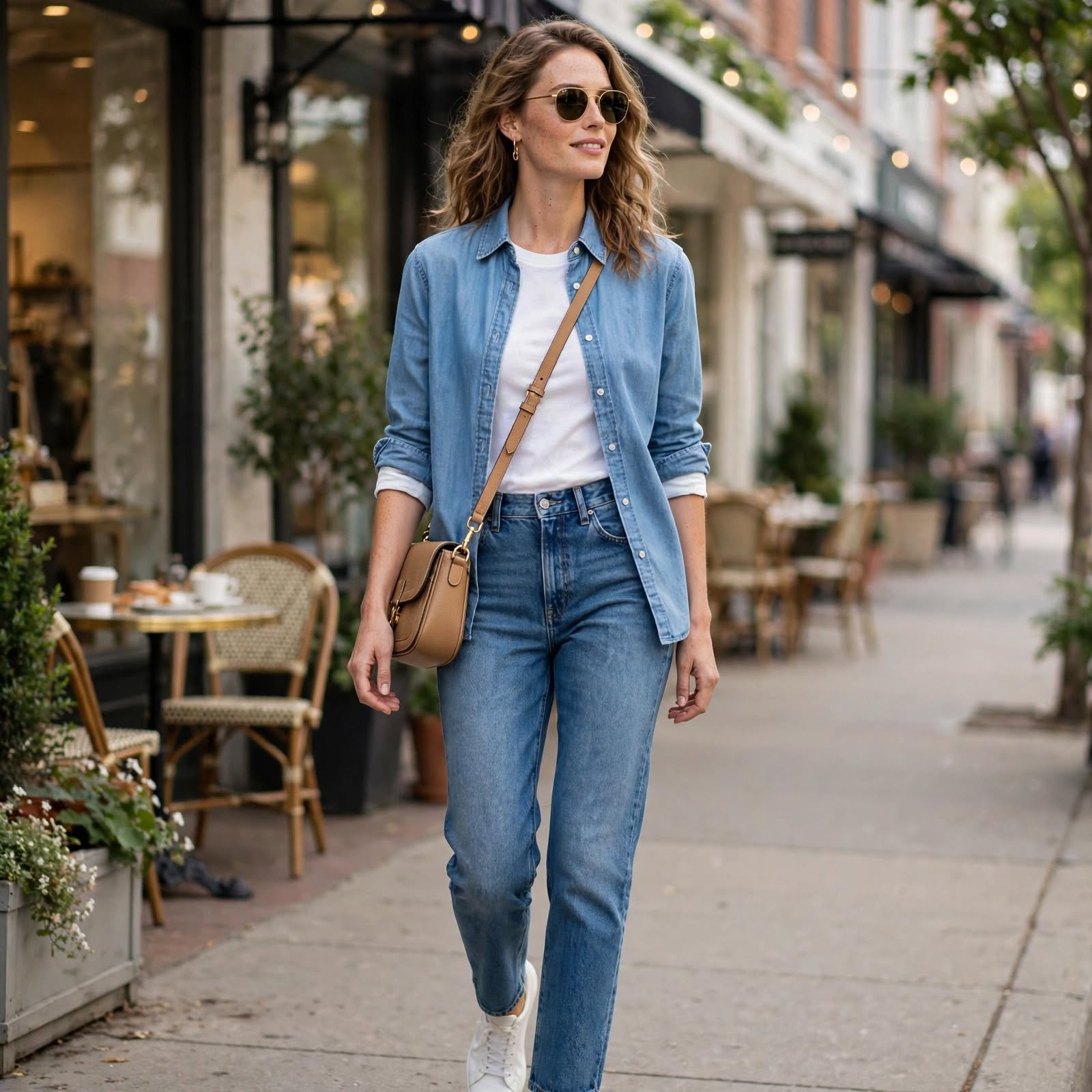 Chambray Shirt Over a White Tee for Casual Day Outfits on a Busy Saturday