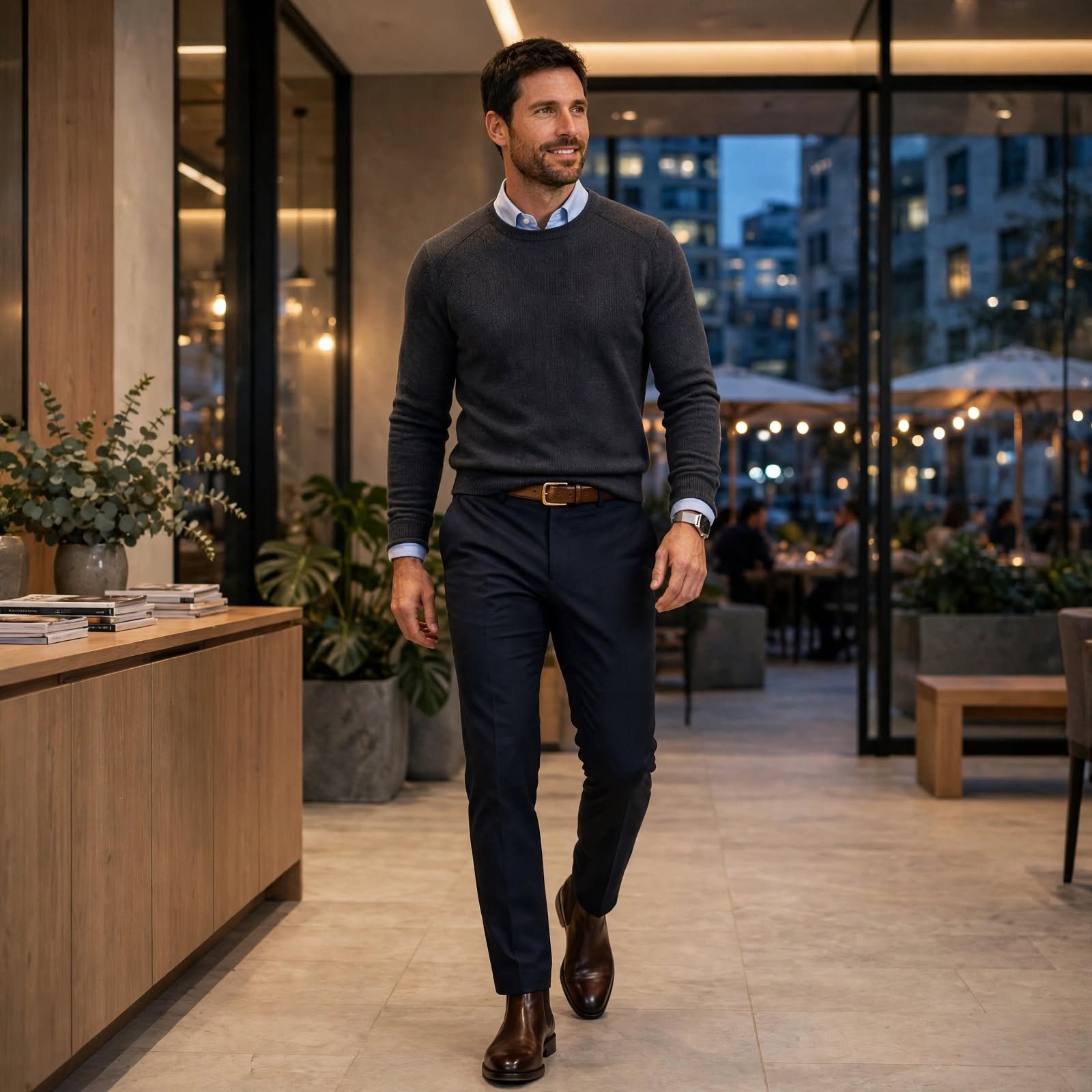 Collared Shirt, Crew Sweater, and Chelsea Boots for Casual Work Outfits After Hours