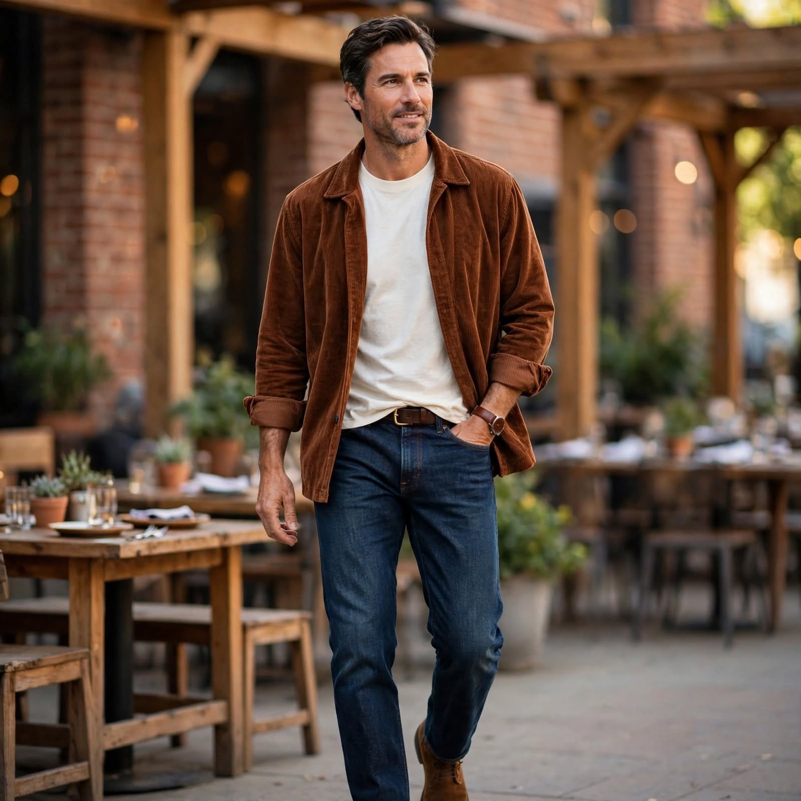 Corduroy Overshirt and Crewneck Tee, a Casual Day Outfit for a Brewery Lunch