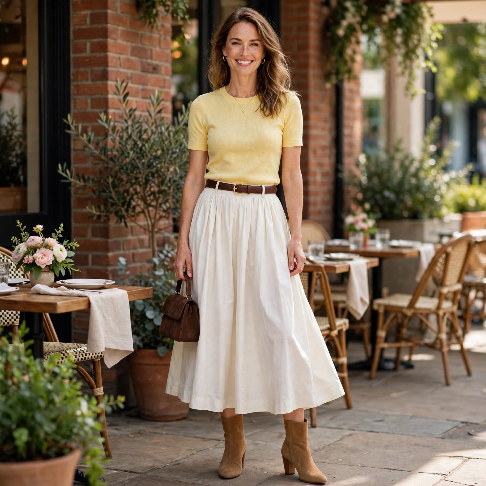 Cotton Midi Skirt and Ankle Boots, a Simple Casual Outfit for Birthday Brunch