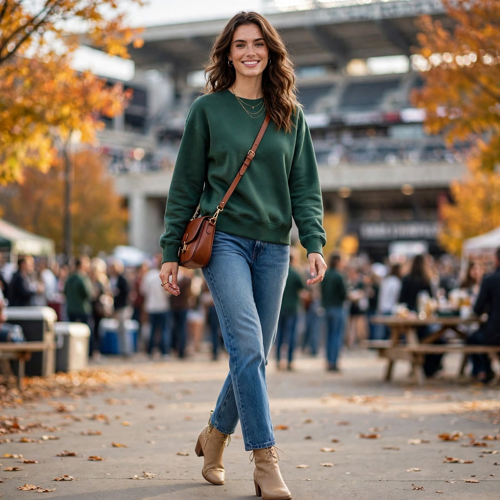 Crewneck Sweatshirt, Jeans, and Boots for Simple Casual Outfits at Game Day
