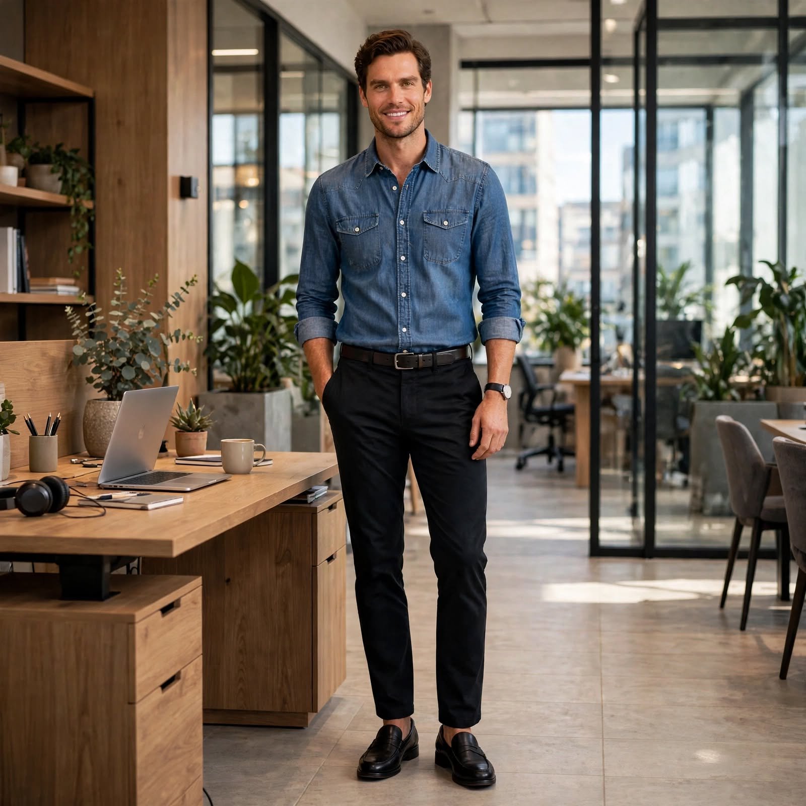 Denim Shirt and Black Chinos for Casual Work Outfits in Relaxed Workplaces