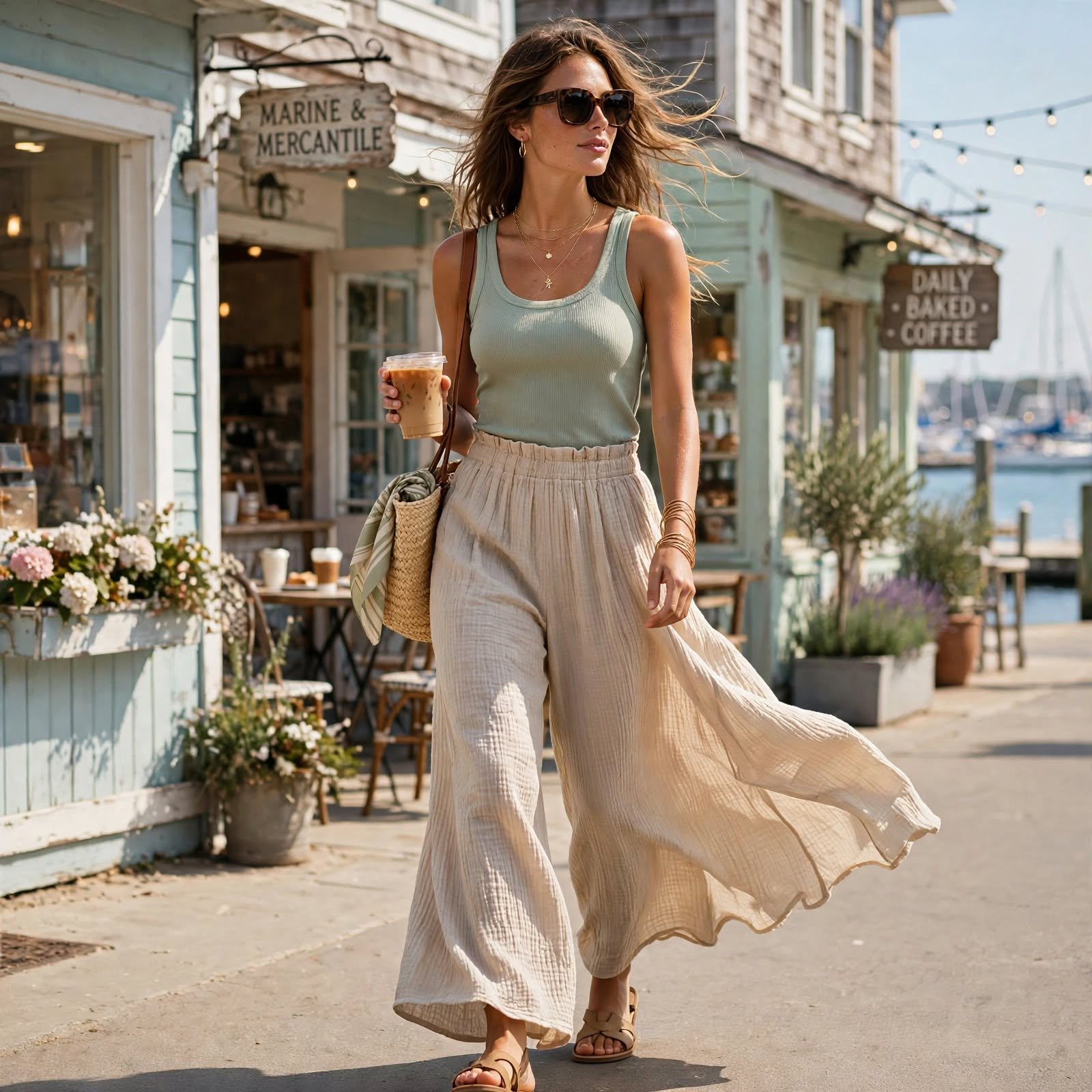 Double Gauze Pants and a Tank Make a Breezy Casual Day Outfit for a Beach Town