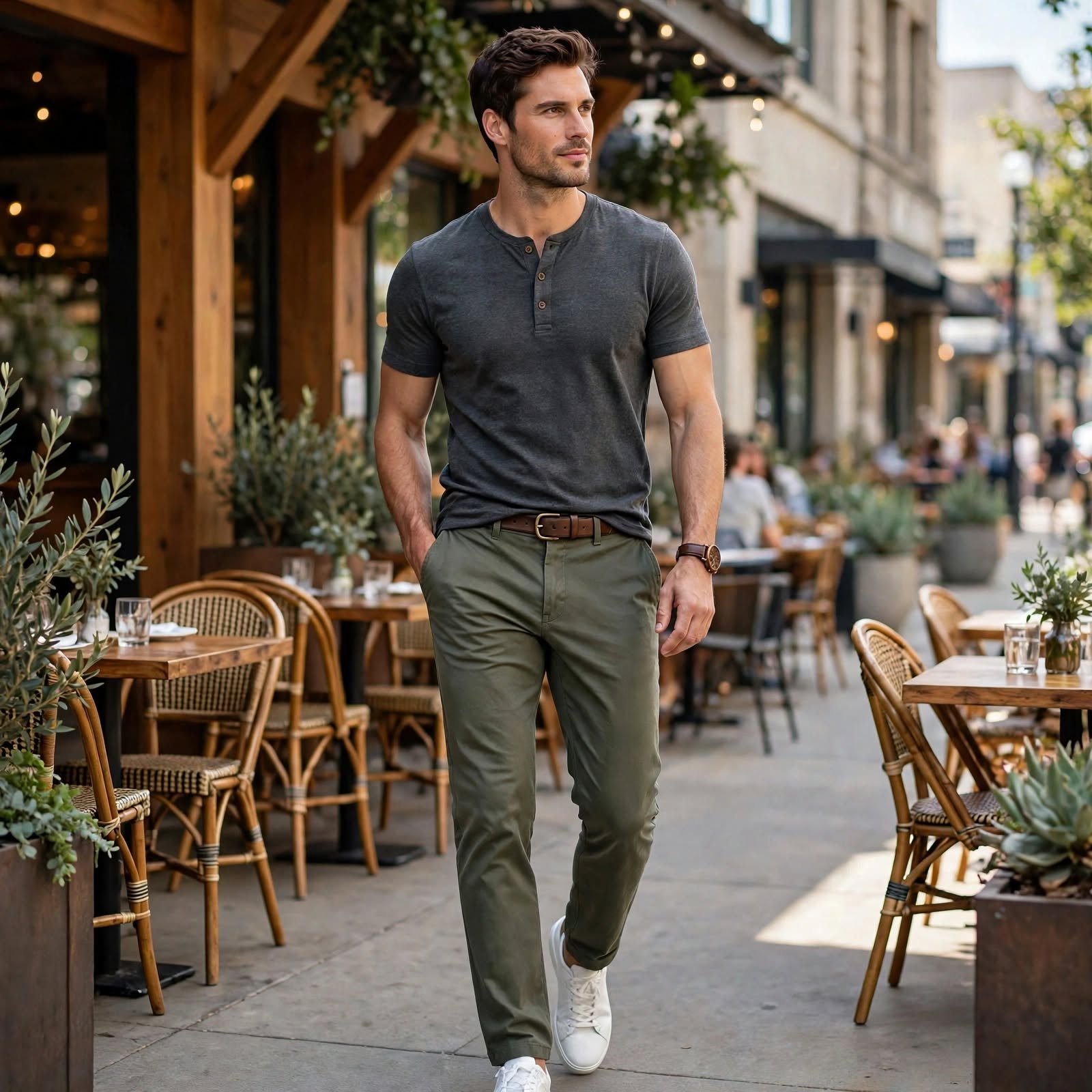 Fitted Henley and Olive Chinos, a Casual Day Outfit for Lunch Out