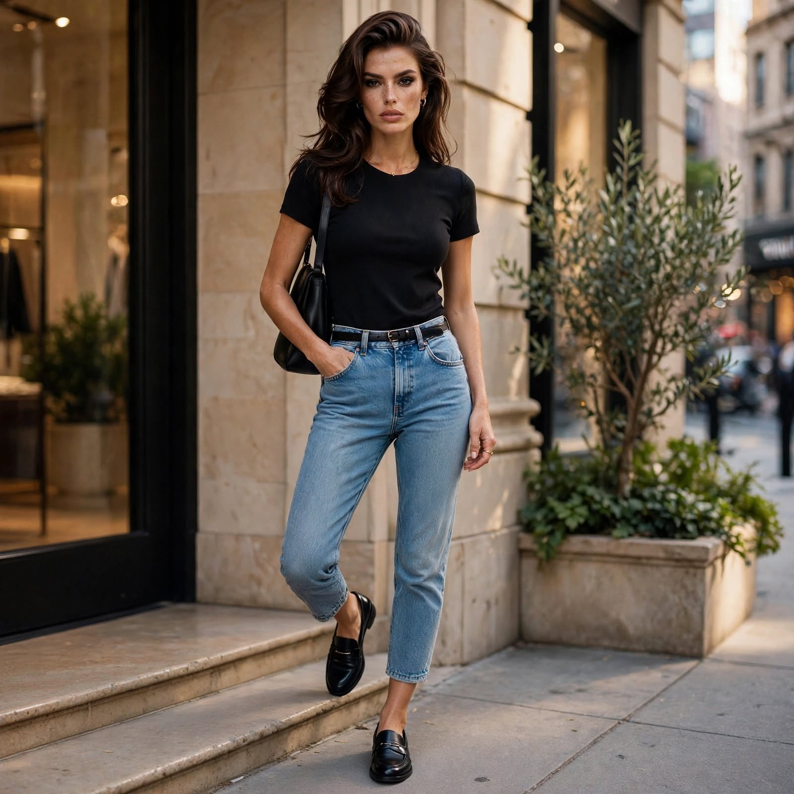 Fitted Tee, Mom Jeans, and Loafers Casual Outfit