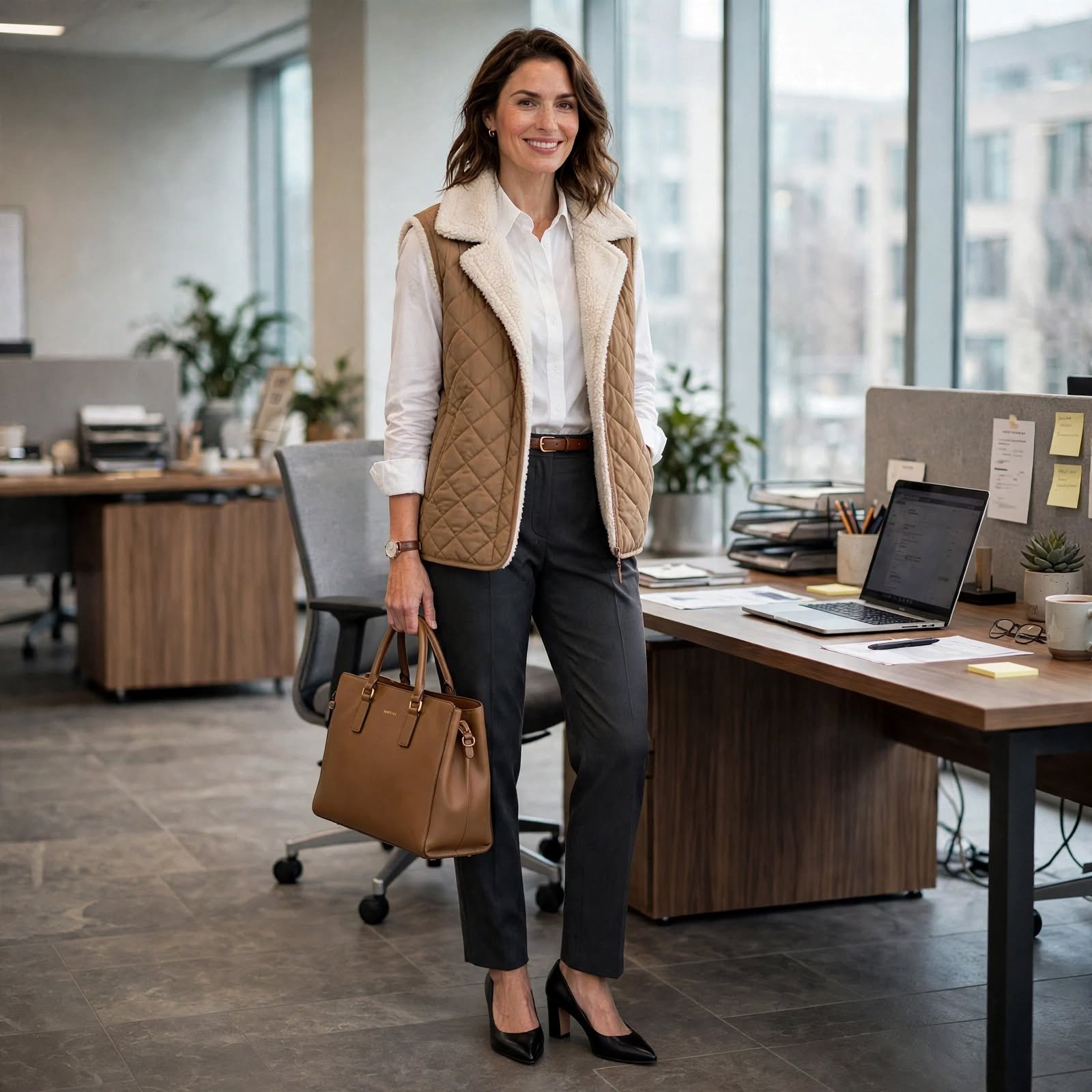 Fleece-Lined Vest Over a Collared Shirt for Casual Work Outfits in Cold Offices