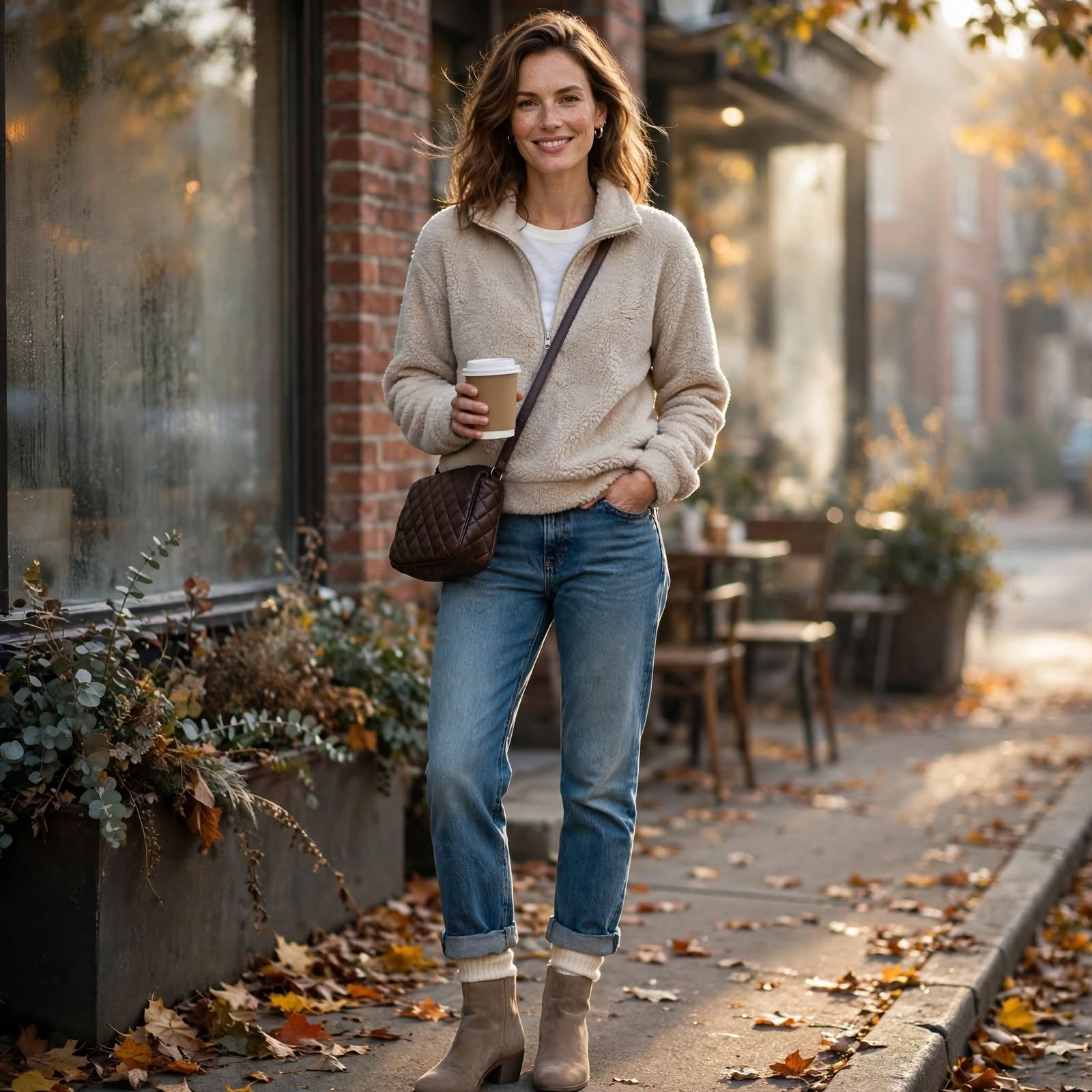 Fleece Quarter-Zip and Cuffed Jeans, a Casual Outfit for Women on Cold Mornings