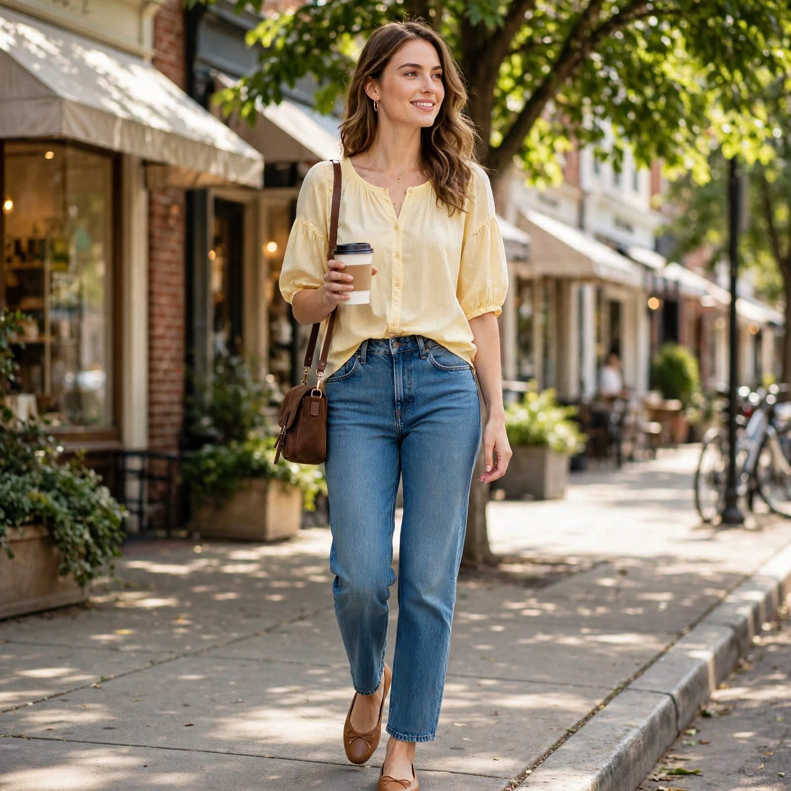 Flowy Cotton Blouse and Straight Jeans for Casual Day Outfits at a Coffee Date