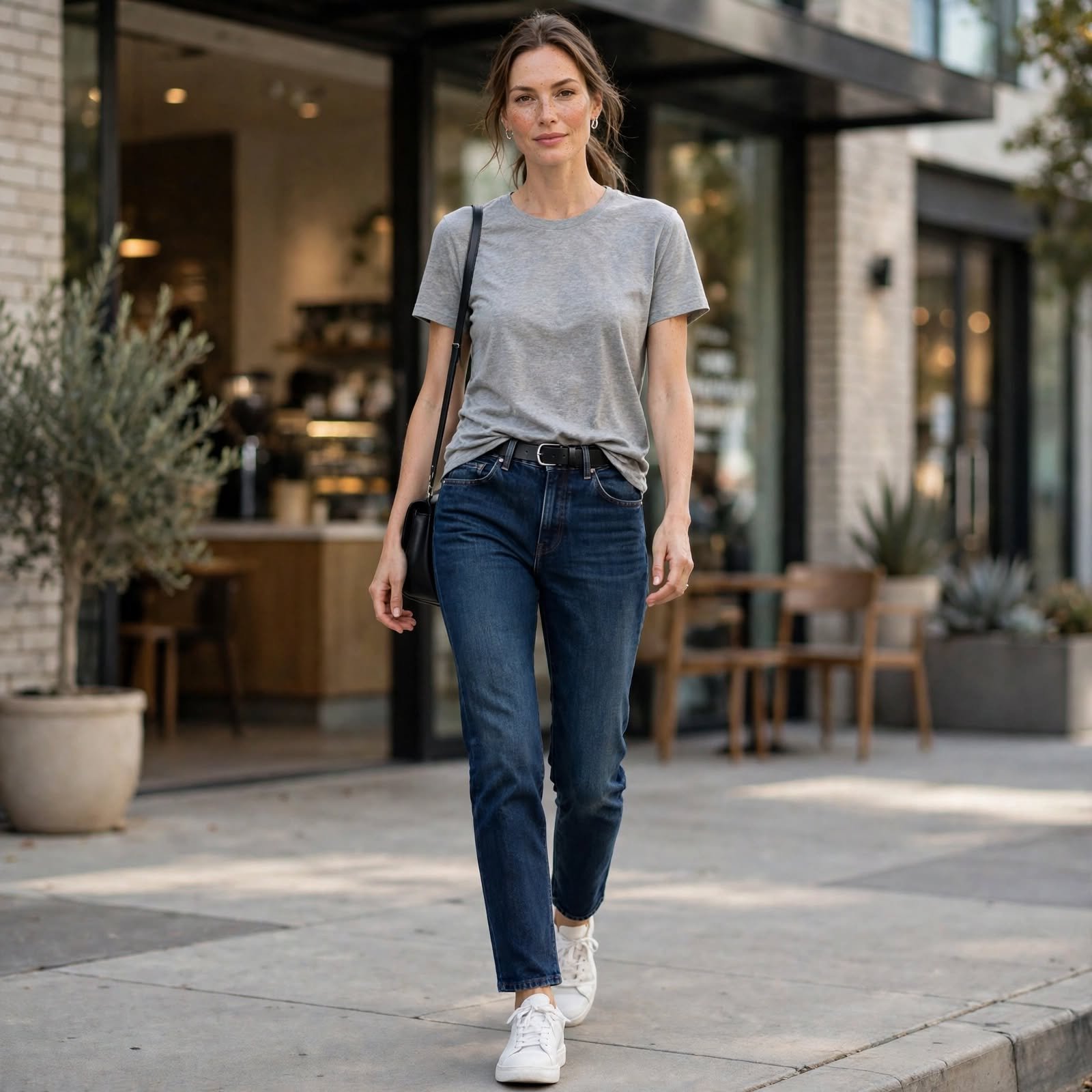 Gray Tee, Dark Jeans, and White Sneakers, the Five-Minute Simple Casual Outfit