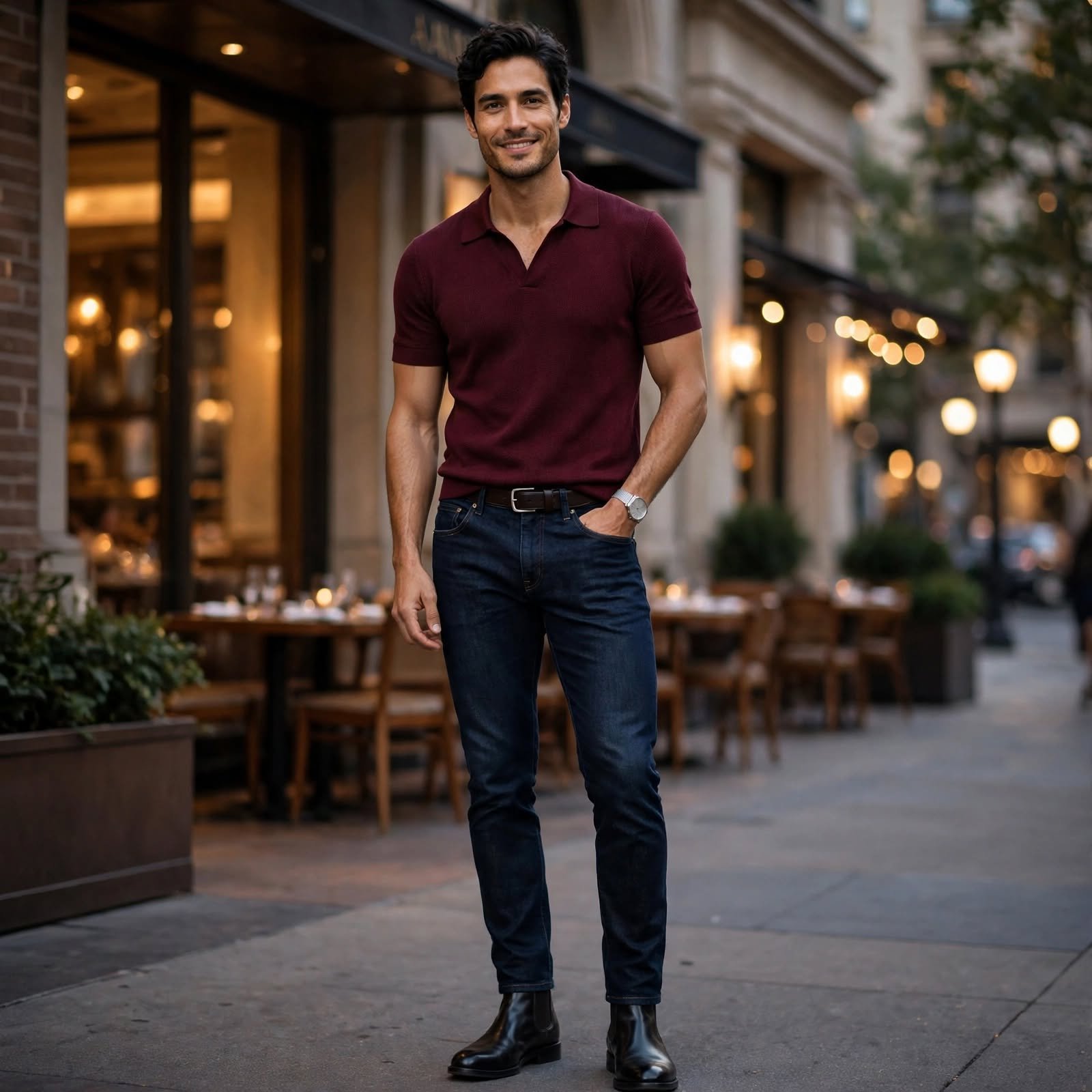 Knit Polo and Dark Jeans Date Night Casual Outfit