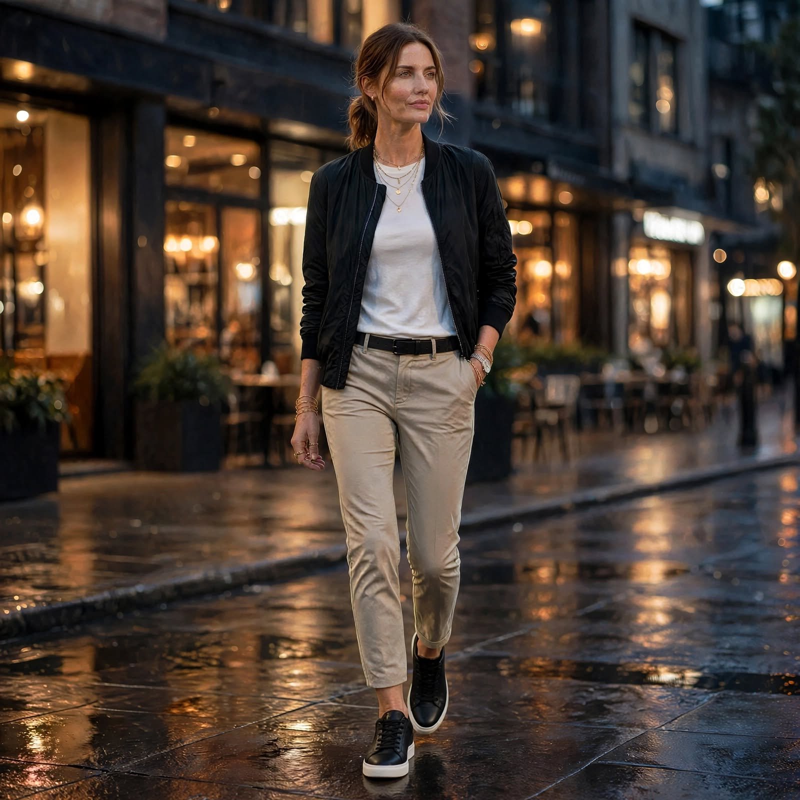 Light Bomber Jacket and Chinos Make a Simple Casual Outfit for a Night Out
