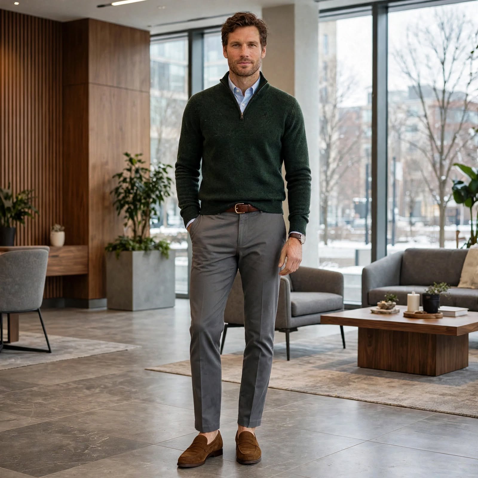 Merino Quarter-Zip Over a Collared Shirt for Casual Work Outfits in Cool Weather