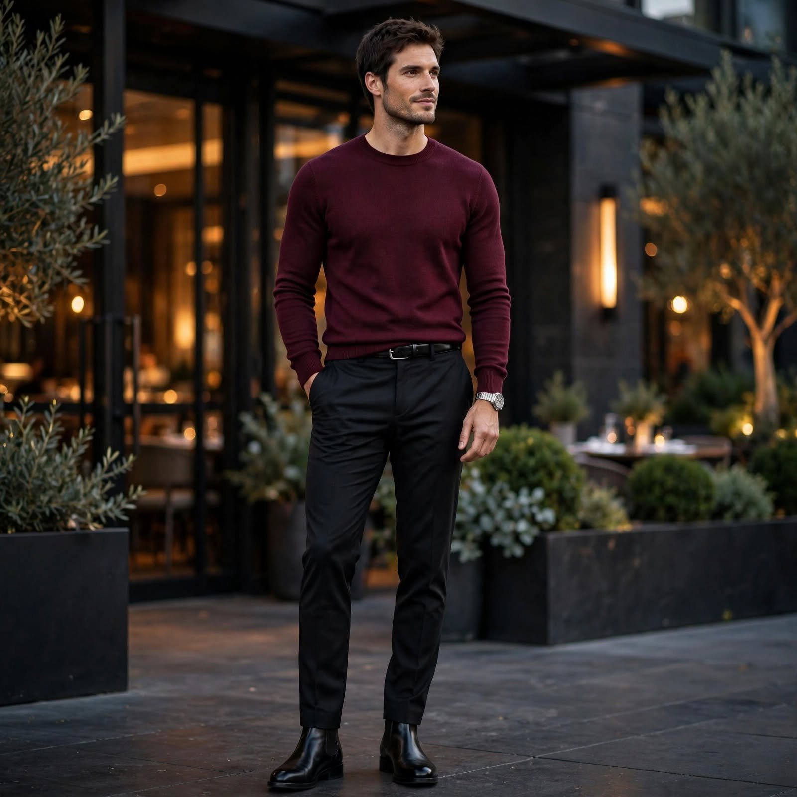 Merino Sweater and Dark Trousers Turn Simple Casual Outfits Into Date Night Looks