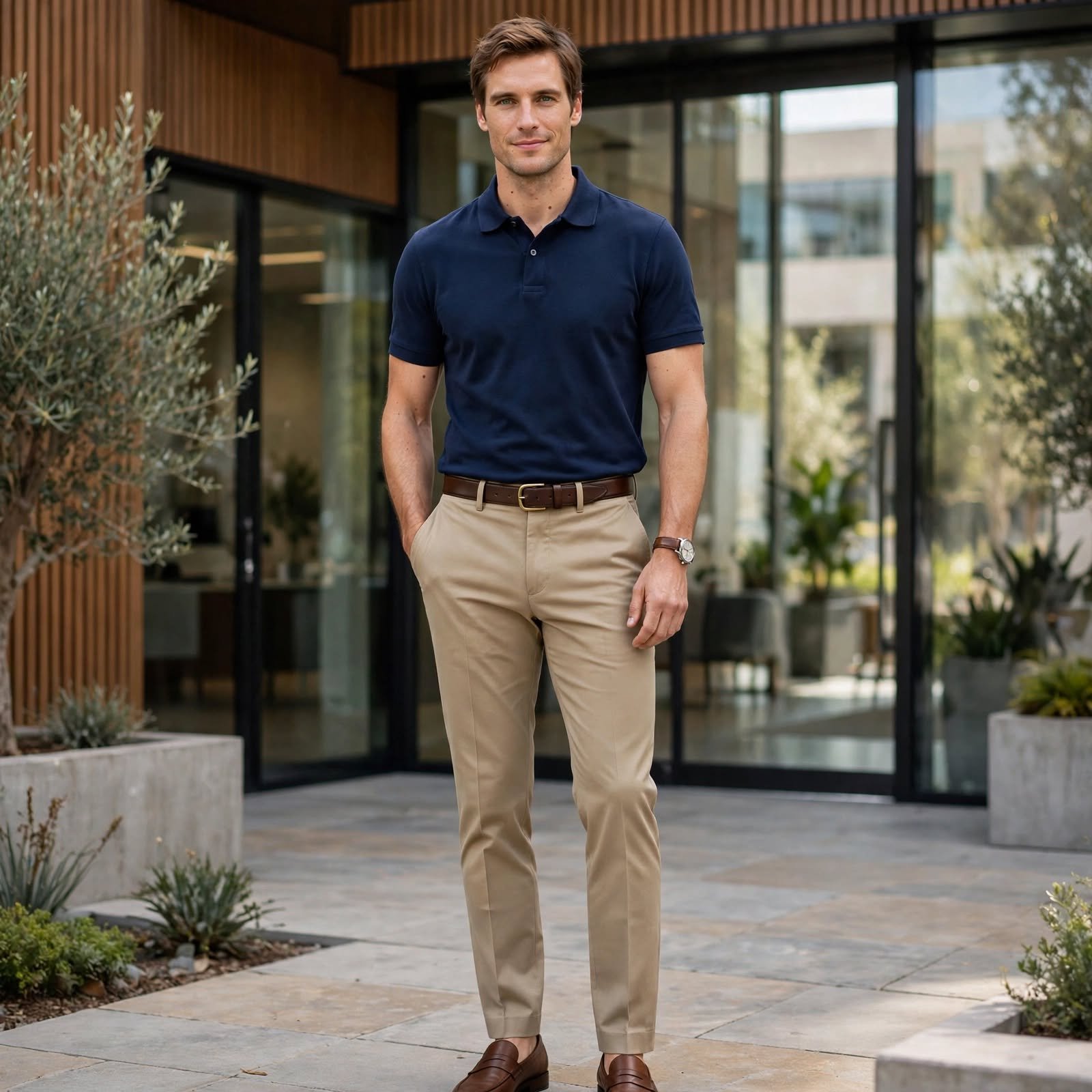Navy Polo and Khaki Chinos Make a Simple Casual Outfit That Works at the Office