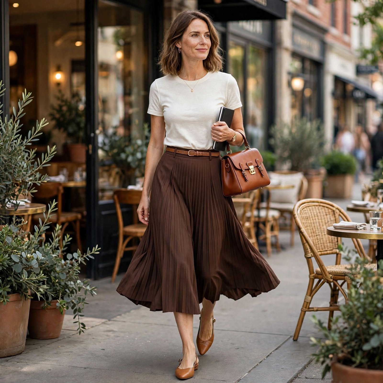 Pleated Midi Skirt and a Fitted Tee for Casual Day Outfits at a Lunch Meeting