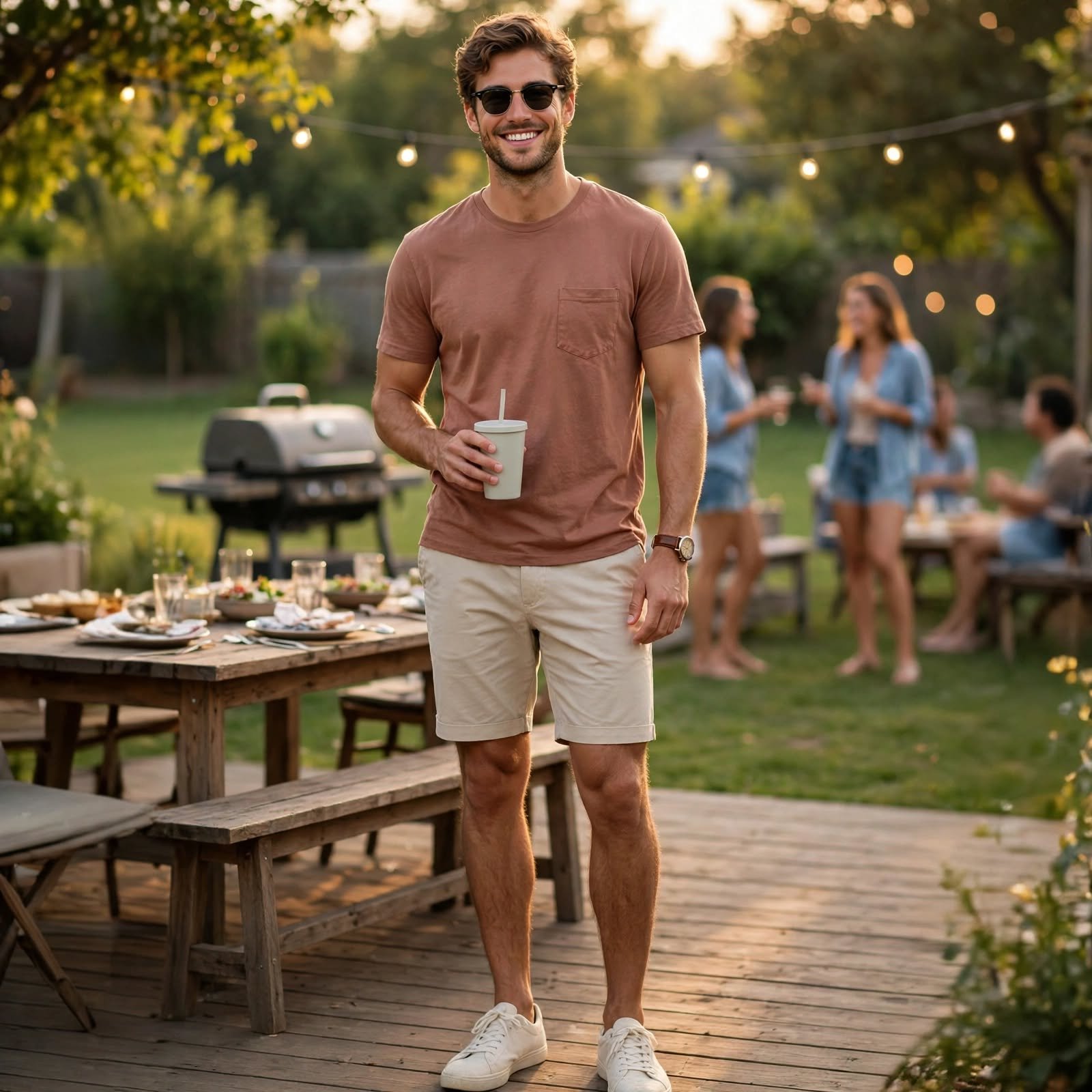 Pocket Tee and Chino Shorts for Simple Casual Outfits at a Backyard Cookout