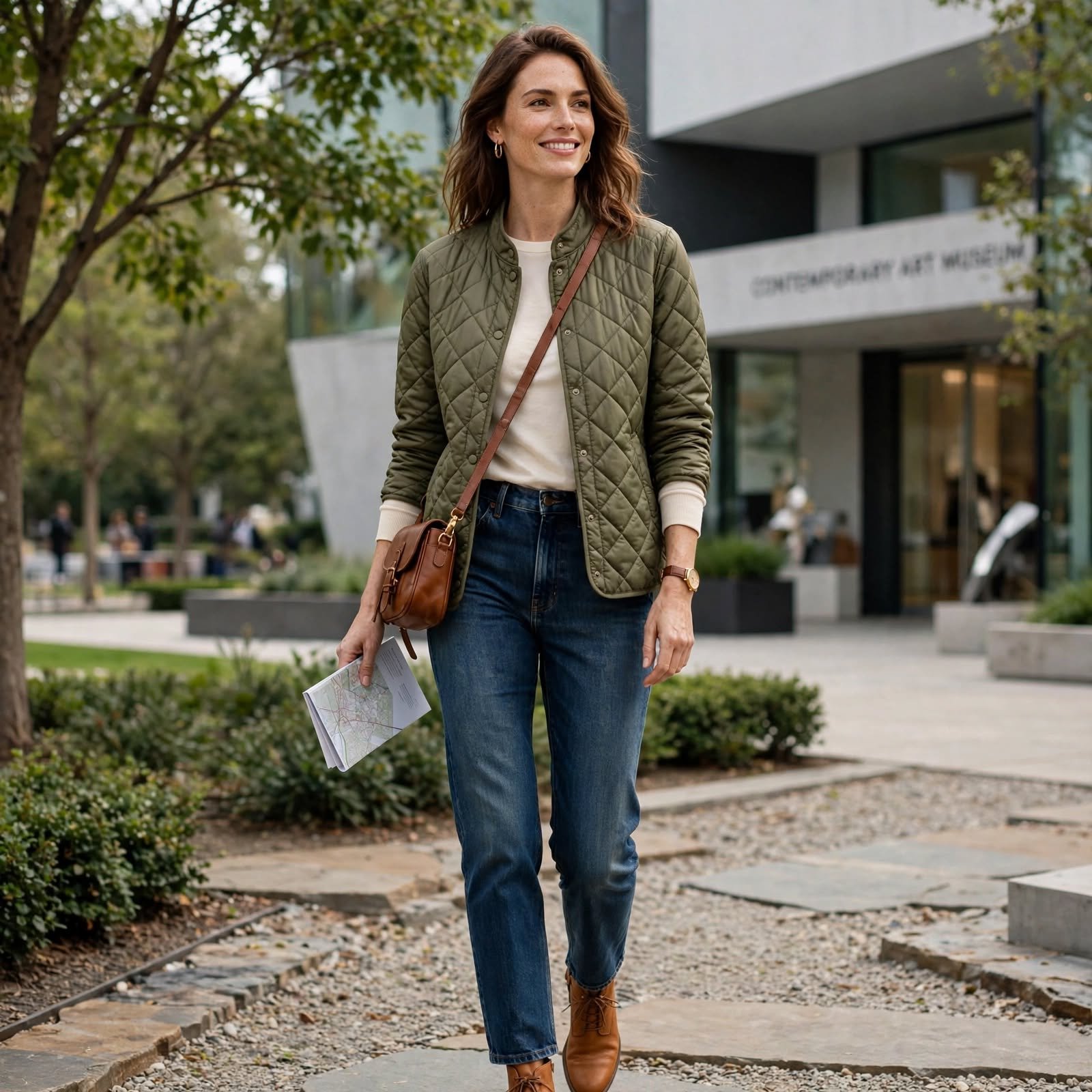 Quilted Jacket and Long-Sleeve Tee for Casual Day Outfits at a Museum or Zoo