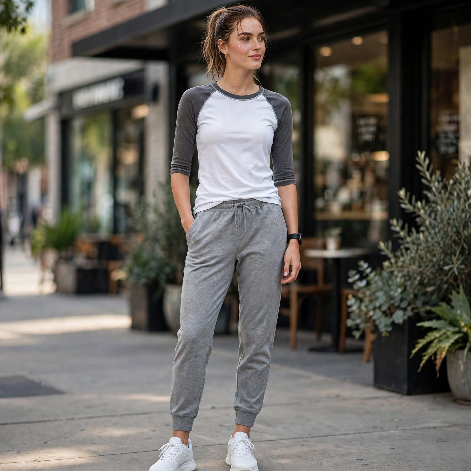 Raglan Baseball Tee and Joggers for Casual Day Outfits After a Morning Workout