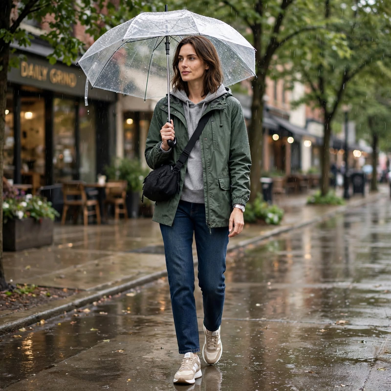 Rain Shell, Hoodie, and Jeans, a Practical Casual Day Outfit for Wet Weather