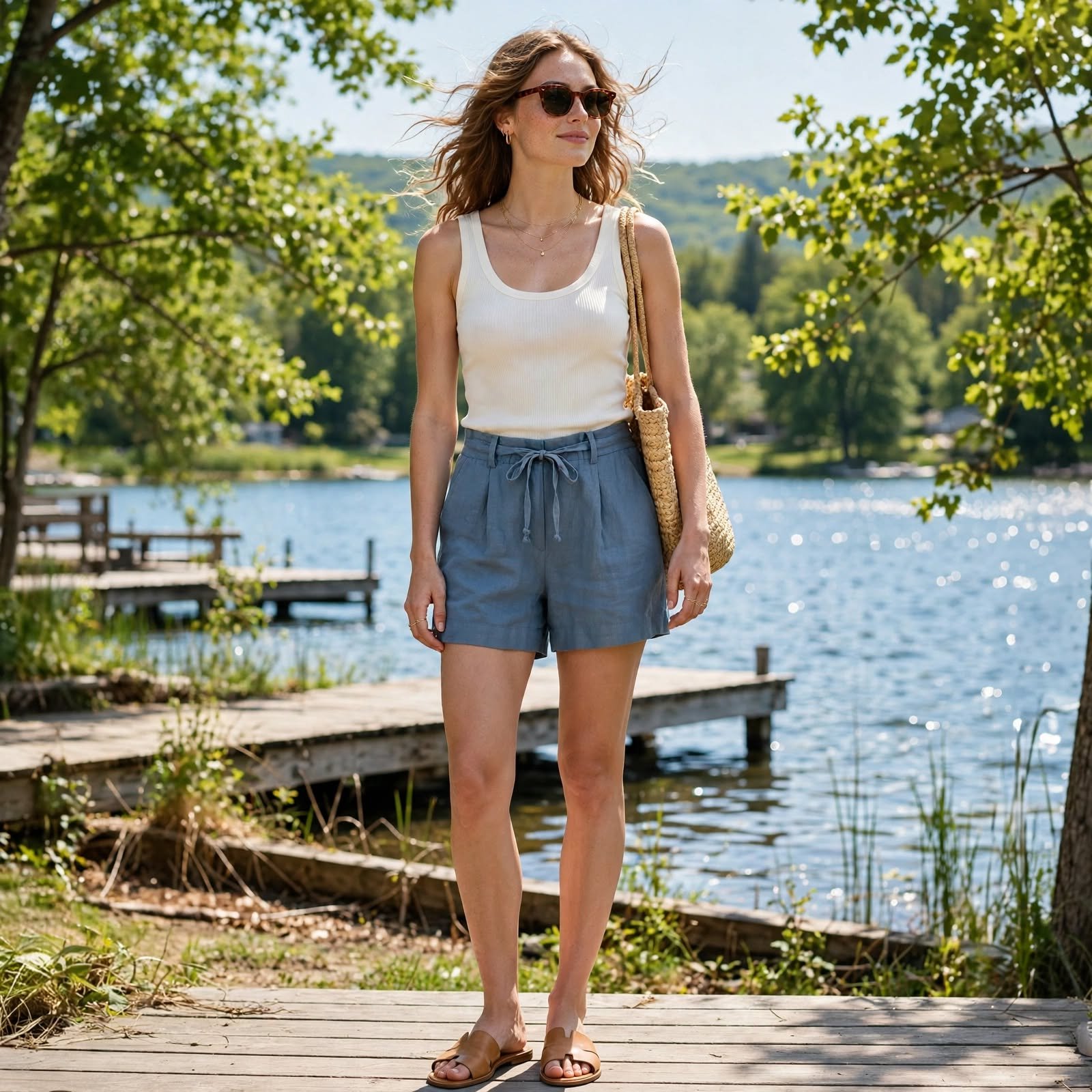 Ribbed Tank and Linen Shorts, a Simple Casual Outfit for Lake Days