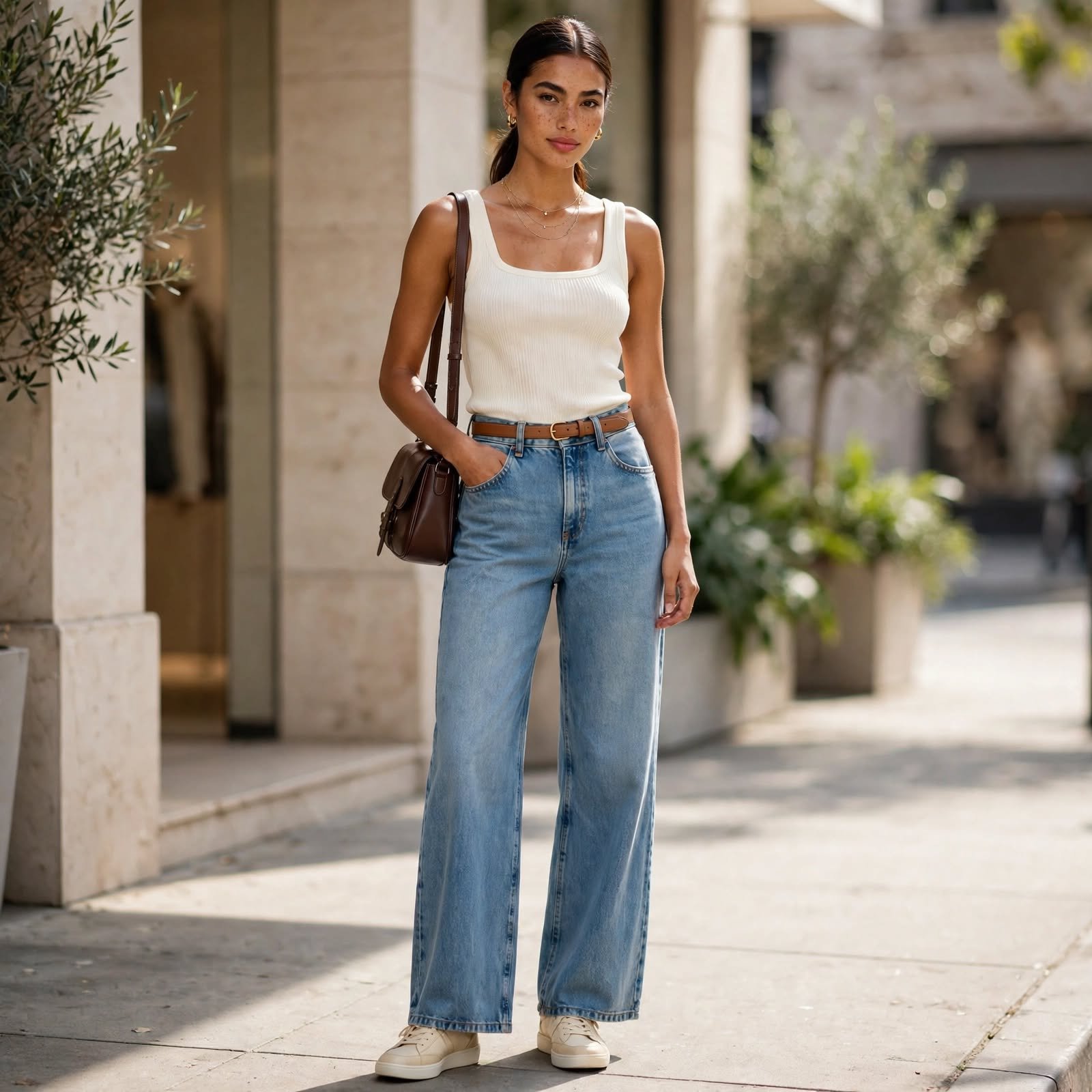 Ribbed Tank and Wide-Leg Jeans Casual Outfit