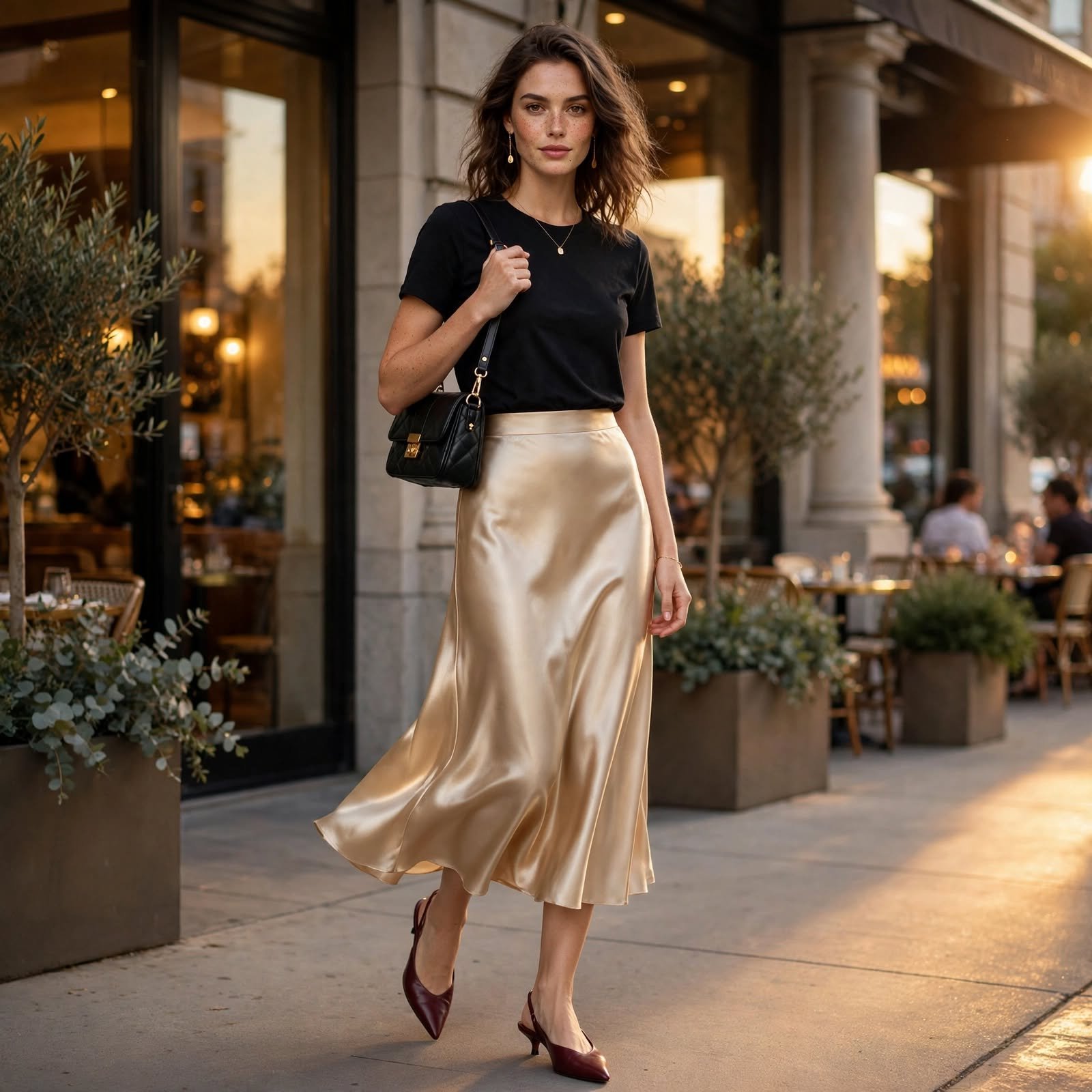 Satin Midi Skirt and a Tee for Dressy Casual Outfits for Women