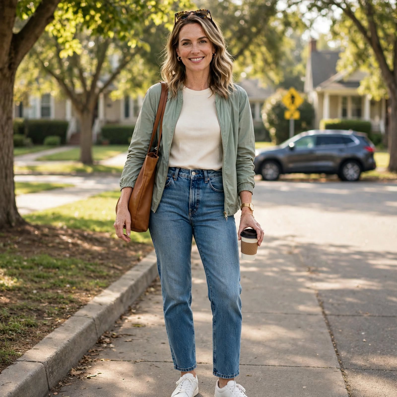  School-Run Casual Outfits for Women With a Ribbed Tee and Straight Jeans