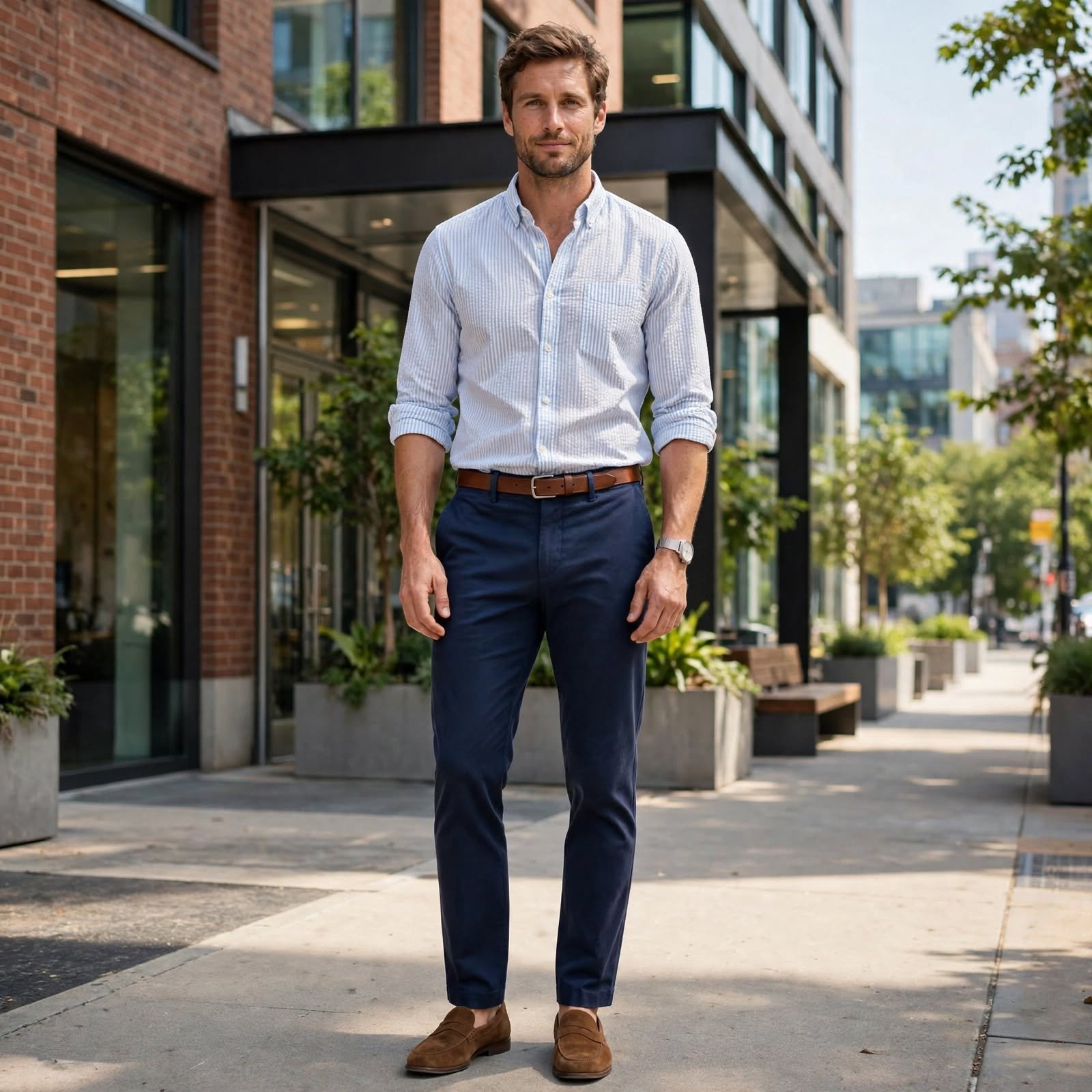 Seersucker Shirt and Navy Chinos Make Classic Casual Work Outfits for July