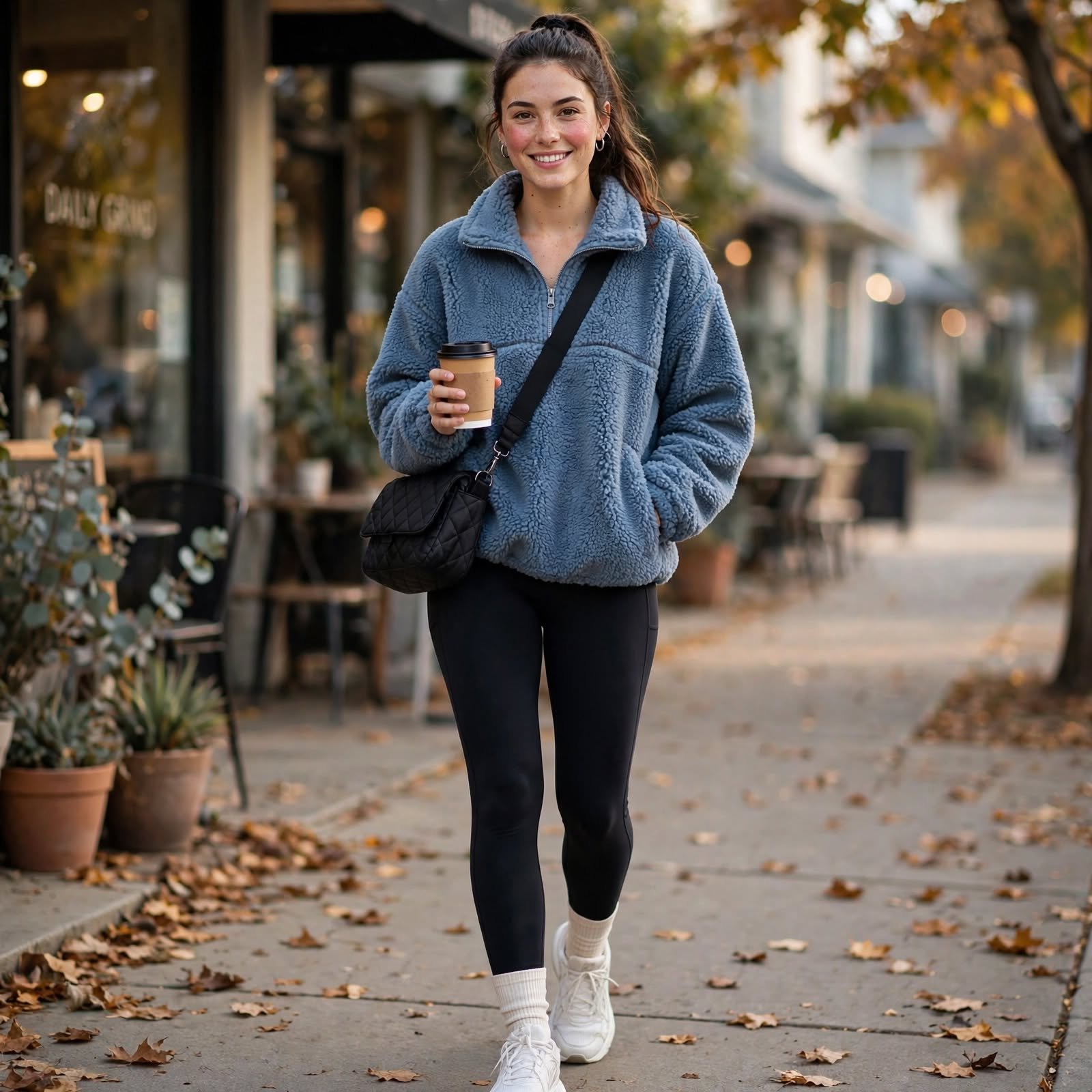 Sherpa Pullover and Black Leggings for Casual Day Outfits on Chilly Mornings