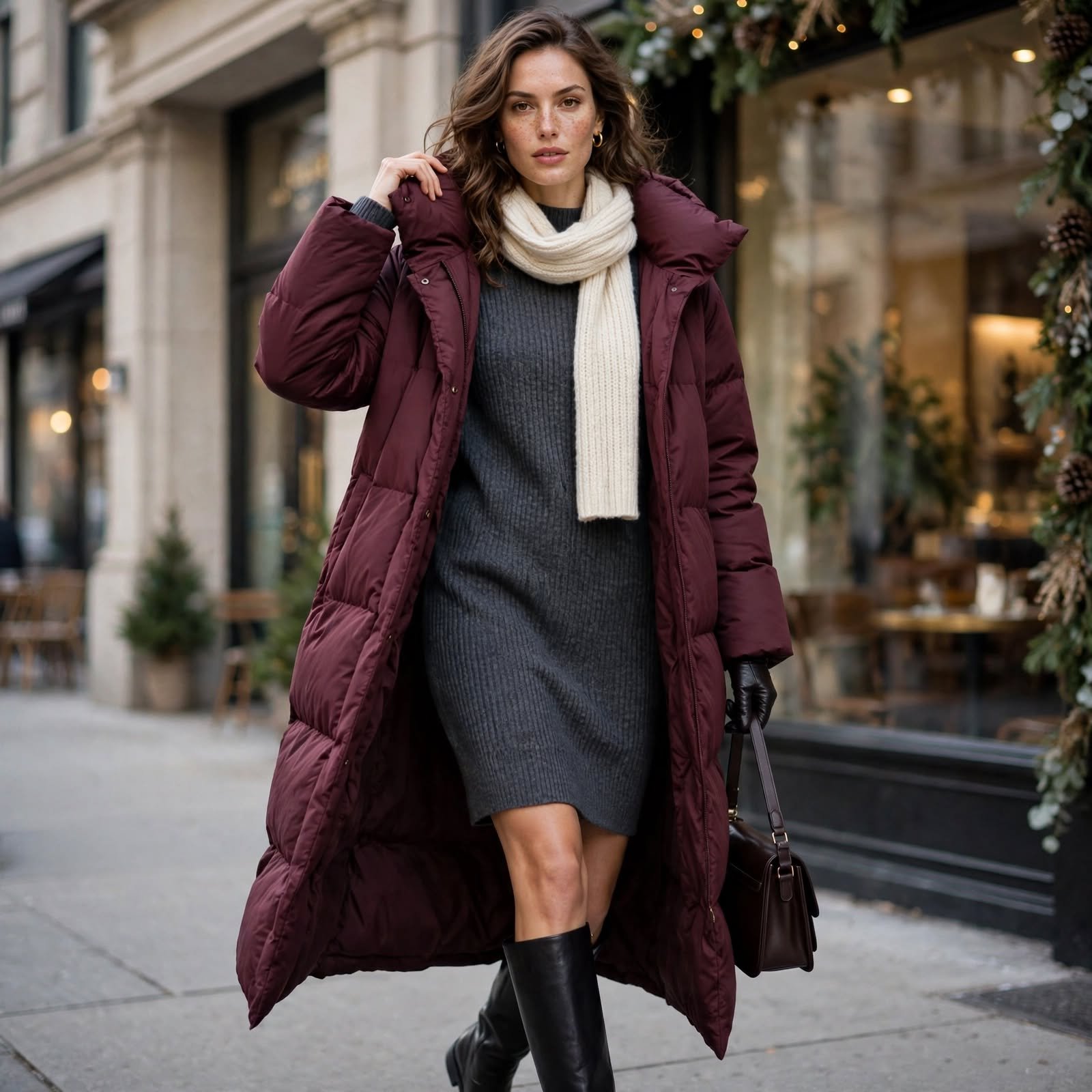 Sweater Dress and a Long Puffer Coat for Cold-Day Casual Outfits for Women