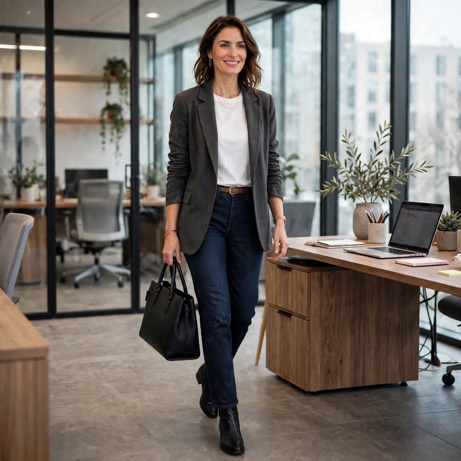 Unstructured Blazer, White Tee, and Dark Jeans for Casual Work Outfits on Casual Fridays