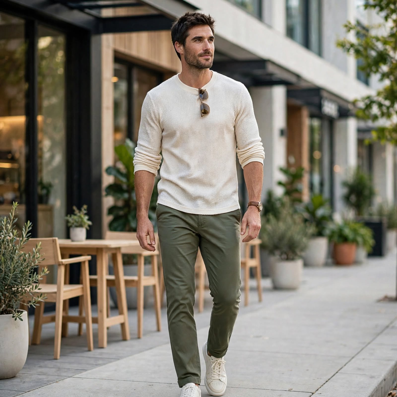 Waffle Thermal and Chinos for Casual Day Outfits on Cool Mornings
